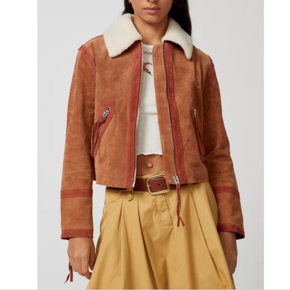 Blank NYC Jackets & Blazers - BLANKNYC Caramel Sauce Suede Jacket Size S Faux Shearling Collar Full Zip Pocket